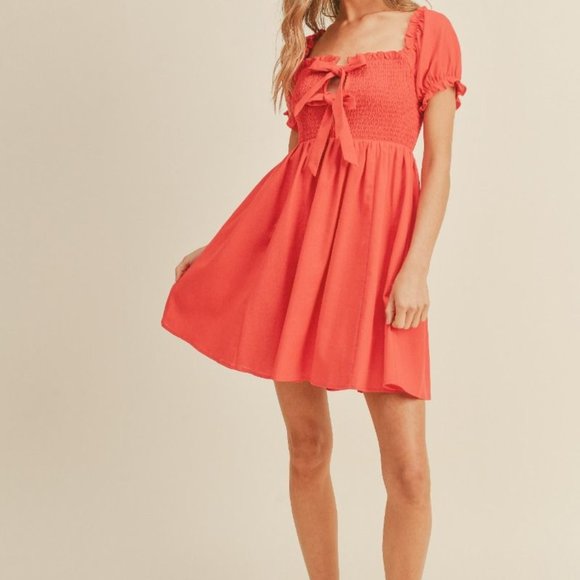 New Boho Puff Sleeve Front Tie Mini Dress Red - Picture 2 of 6